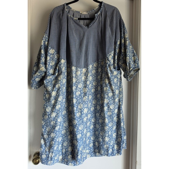 Anastasia Dresses & Skirts - VTG Anastasia Made in France Boho Floral Stripe Dress Blue Cream Round Neck